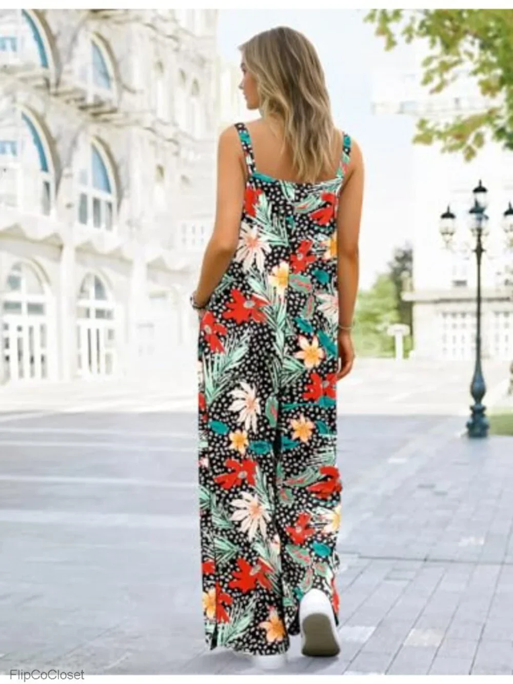 Wide Leg Jumpsuit for Women Summer Boho Sleeveless V Neck with Pockets